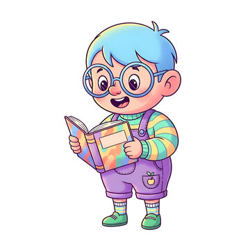 Cute cartoon boy with blue hair and glasses reading a book.