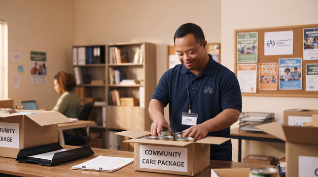 Smiling male community volunteer with Down syndrome packing canned food into a care package box