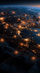 Fototapeta premium Global network connections illuminating Earth at night, showcasing interconnected cities and vast digital communication pathways