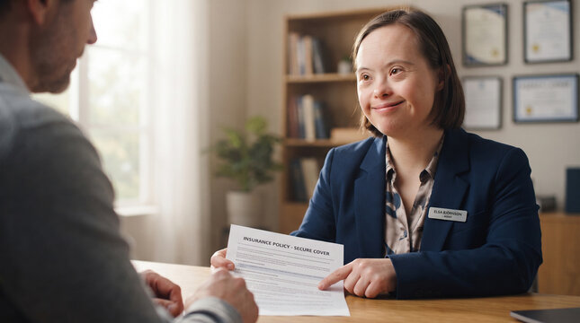 Confident female insurance agent with Down syndrome explaining a policy document to a client