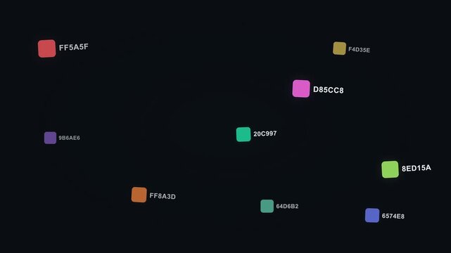 Large digital color swatches with HEX codes continuously emerge, drift through a deep dark space, and softly fade out in a seamless, dynamic 8-second loop.