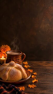 Pan de muerto with steaming drink and marigolds, large dark copy space for Day of the Dead poster