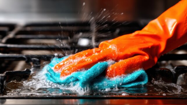 A person in protective gloves scrubs a kitchen stove, creating a vibrant splash of water, symbolizing cleanliness and hygiene in culinary spaces.