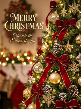Beautiful decorated christmas tree with red velvet bows and golden ornaments for holiday season greeting card background