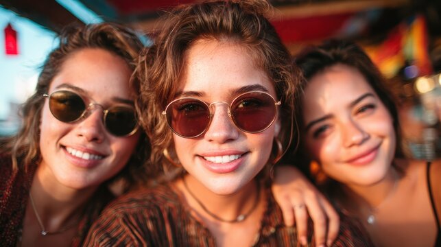 A joyful moment captured among three young women wearing stylish sunglasses, sharing laughter and smiles in an outdoor setting, embodying friendship and carefree living.