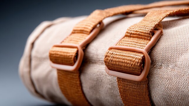 This image showcases a stylish beige bag with prominent brown straps against a gradient gray backdrop, emphasizing modern fashion and design aesthetics.
