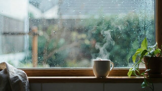 Steaming white mug on a rainy windowsill, water droplets on glass, soft green plant, cozy overcast light