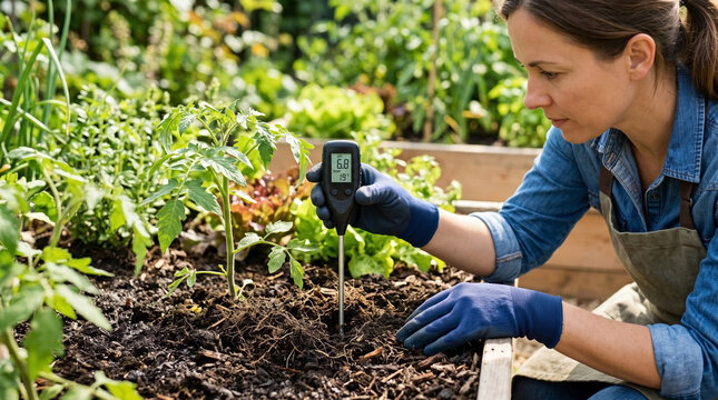 Gardener testing soil pH in vegetable garden with digital probe device. Soil analysis includes checking pH levels for optimal plant growth and health.