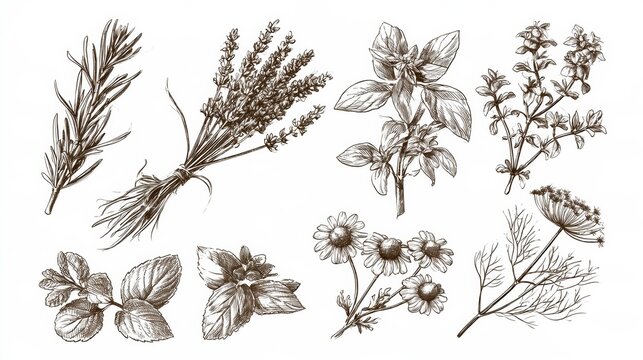 This artwork features a vintage hand drawn sketch of an herb garden collection. It shows rosemary, lavender, basil, thyme, mint, chamomile, and dill.