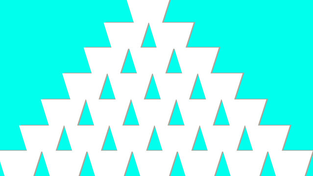 White triangular geometric pattern on turquoise background, abstract stacked shapes forming modern decorative composition with bold contrast and repeating visual rhythm