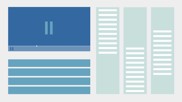 Blue website dashboard interface with media panel, text columns and content blocks, flat responsive web layout representing digital publishing and modern user experience