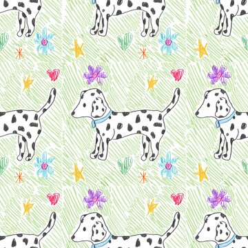 Cute seamless pattern with hand-drawn Dalmatian dogs and flowers, sketch style vector textile and wallpaper design.
