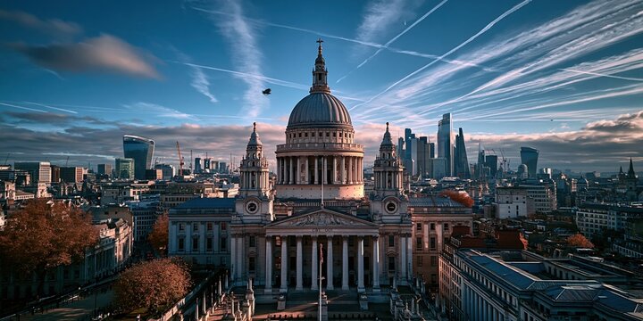 Majestic dome cathedral overlooking a modern city skyline with dramatic clouds and contrails