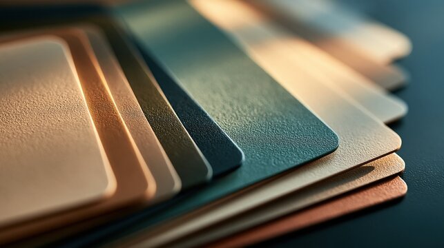 Close-up of a fan deck showcasing a variety of metallic and textured paint or material swatches with soft lighting