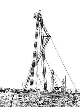 A black-and-white line vector sketch drawing of a tall oil drilling rig tower presented on a clean background.