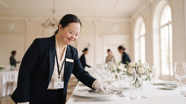 Professional female banquet server with Down syndrome setting a formal dining table for an event