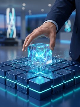 An executive's hand holding a blue digital cube in a futuristic corporate environment. Cybersecurity and data protection concept.