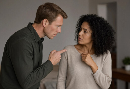 Adult man points at an adult woman during a tense argument in a home interior. She gestures toward herself, showing relationship conflict and emotional stress.
