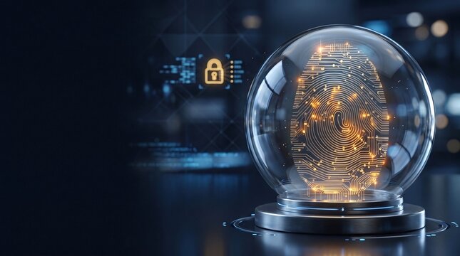 Glowing biometric fingerprint protected inside a glass dome.