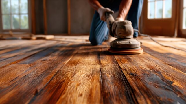 A focused craftsman refinishing a wooden floor using an electric sander, highlighting dedication and craftsmanship in home improvement and the art of woodworking in a cozy setting.
