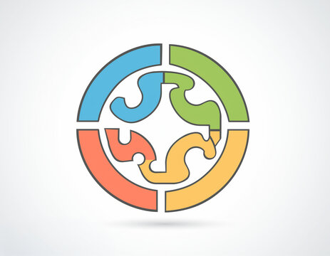 Circular design with four colorful, interlocking puzzle pieces. Each segment features a unique curved shape and vibrant hue. Blue, green, orange, and yellow elements form a cohesive whole