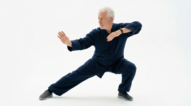 Healthy elderly man practicing tai chi with subtle wearable technology, graceful active aging concept, pure white 