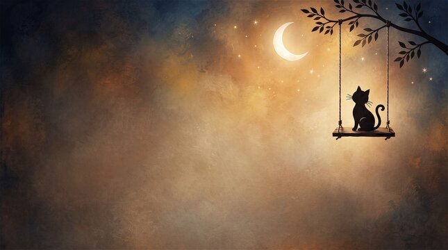 Cat on swing looking at moon illustration