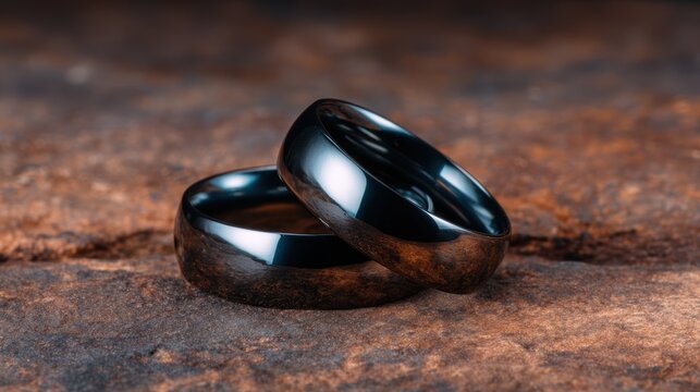 A beautifully composed arrangement of glossy black wedding and engagement rings, symbolizing love and commitment against a textured earthy backdrop.