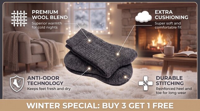 Wool winter socks product advertisement. Gray knit socks with text callouts and cozy fireplace