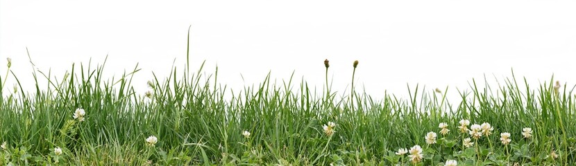 Fototapeta premium Lush Green Grass Border with Delicate White Flowers and Seed Heads on White Background