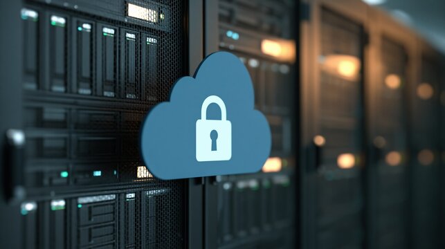Secure cloud computing data storage in a modern server room with digital security icon