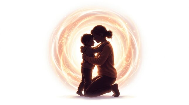 Parent embracing a child while a glowing circular wave surrounds both silhouettes, unconditional love concept,