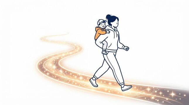 Parent carrying a child while a luminous path follows behind them, family journey and protection