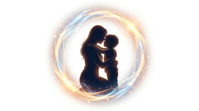  Parent embracing a child while a glowing circular wave surrounds both silhouettes, unconditional love concept,