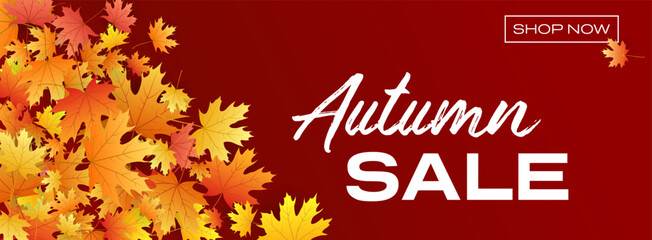 Obraz premium Bright autumn sale banner with white brush script text, large SALE typography, and cluster of yellow orange maple leaves on vibrant red gradient background. Autumn sale headline and falling yellow ora
