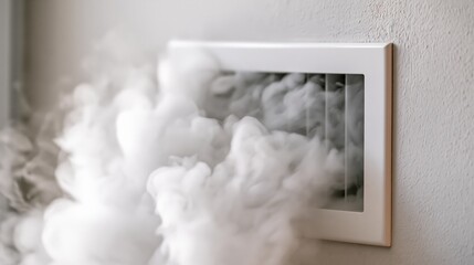 Fototapeta premium Thick white smoke billowing out of a white wall air vent, symbolizing a fire or ventilation issue