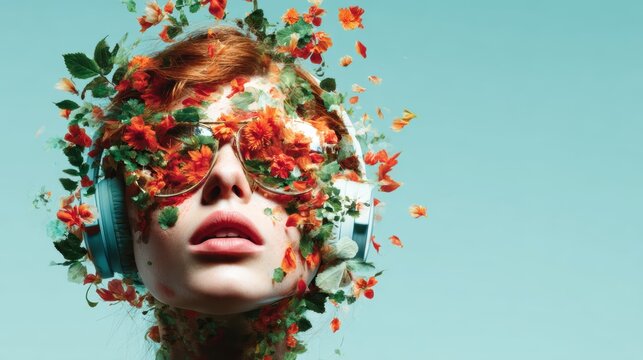 A mesmerizing portrait of a woman adorned with vibrant flowers and oversized headphones, symbolizing the fusion of nature and music in a visually stunning way.