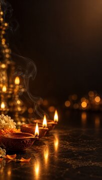 Glowing Diwali diyas with warm bokeh and large dark copy space for festive vertical advertising