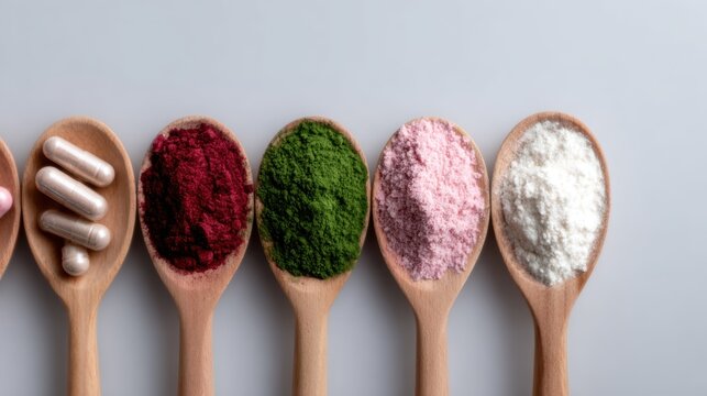 A colorful display of various powders and capsules in wooden spoons, illustrating the diverse world of nutrition and wellness through natural ingredients.