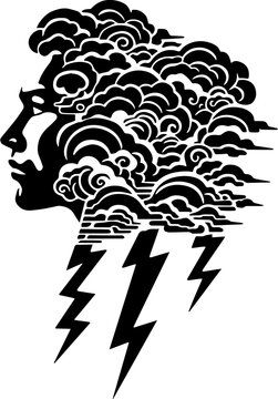 Japanese tattoo design of a face profile in clean vector SVG style. Artistic Illustration of Man with Clouds and Lightning Motif