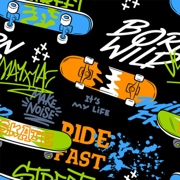 Grunge vector illustration with skateboard and graffiti words on black background. Bright  print. Seamless pattern for boys