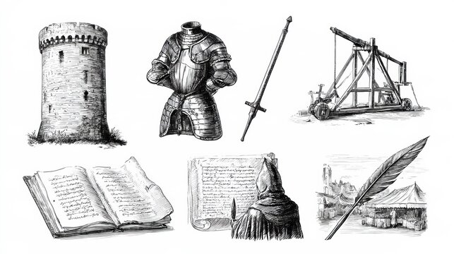 A collection shows life in medieval times featuring a castle tower, knights armour, a trebuchet, and a market stall.