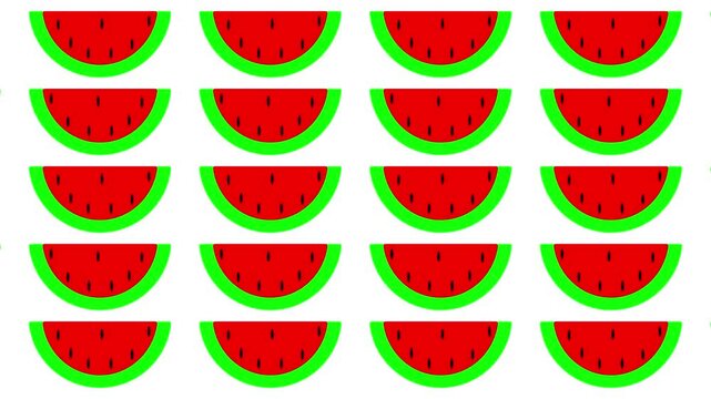 Colorful animated seamless pattern featuring fresh watermelon slices with bold red, green, and white colors on white background. 4K