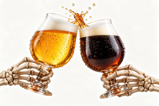 Skeleton Hands Toasting with Dark Stout and Golden Beer with Splashing Foam, Playful Halloween Celebration