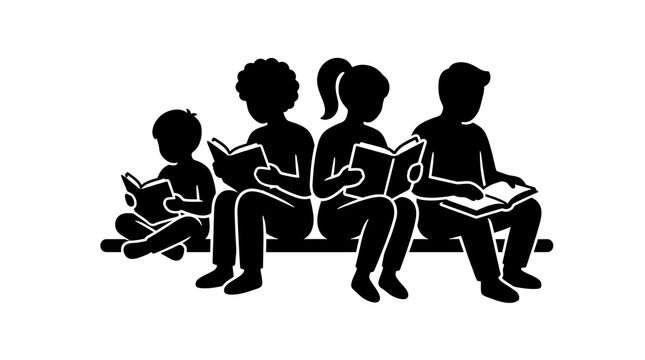Children Reading Books Silhouette Vector Illustration