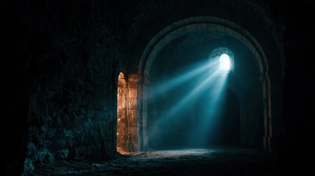 Sunlight streaming through a stone archway in a dark dungeon