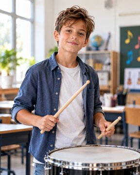 Happy schoolboy holding drumsticks and playing a snare drum in a music classroom