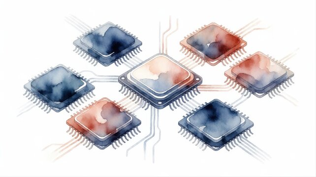 Artistic Illustration of Computer Microchips and Circuit Paths for Technology Concept