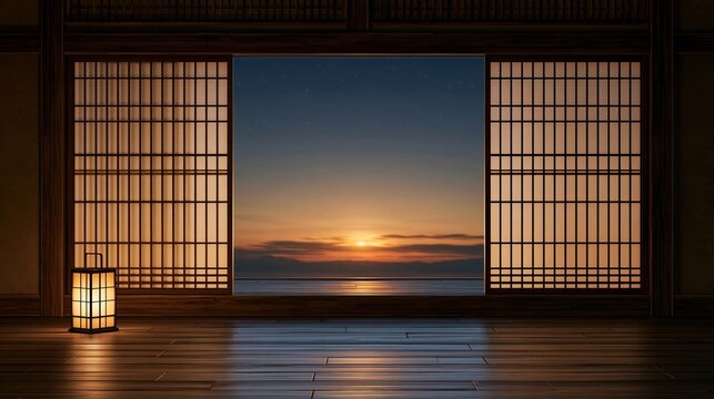 Traditional Japanese room with sunset view and lantern