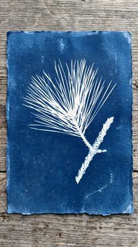 Pine Needle Branch Cyanotype Sun Print Evergreen Botanical Blue Art